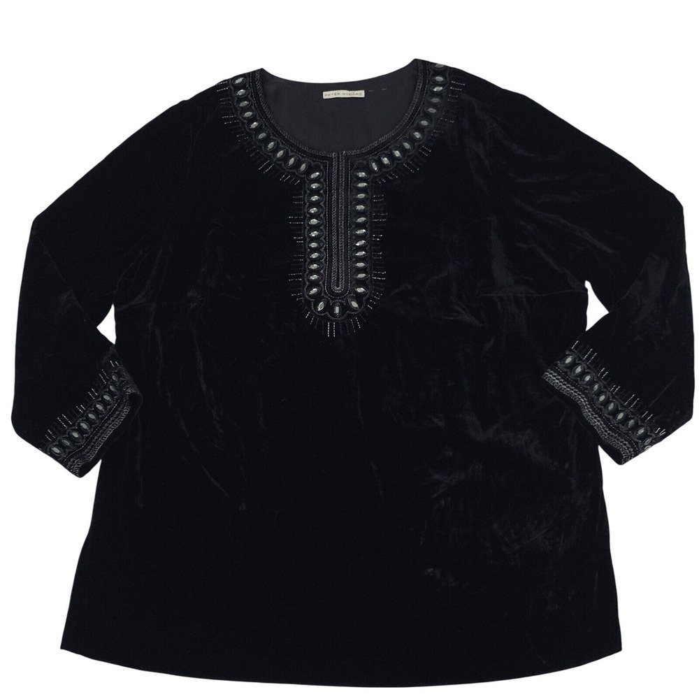 Peter Nygard Velvet Tunic Women XL Black Beaded Embroidered Whimsigoth Celestial